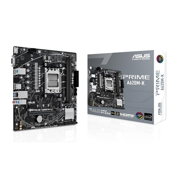 Tarjeta Madre AMD Asus PRIME A620M-K - AM5, AMD A620, 2x DDR5 7200Mhz(OC), Realtek 1Gb Ethernet, PCIe 4.0 x16, DisplayPort, HDMI, VGA, USB 3.2, M.2, SATA 6Gb/s. PRIME A620M-K