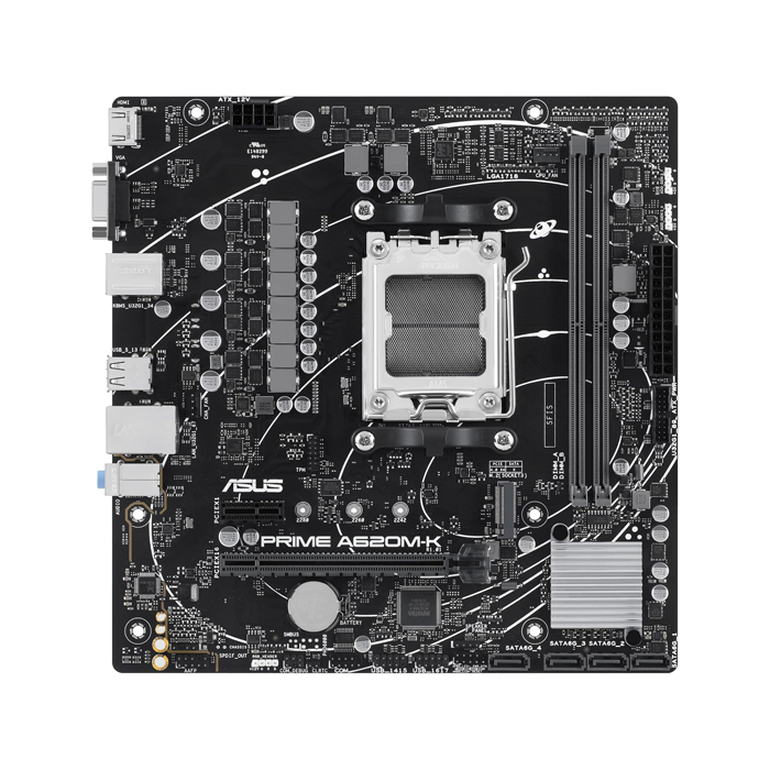 Tarjeta Madre AMD Asus PRIME A620M-K - AM5, AMD A620, 2x DDR5 7200Mhz(OC), Realtek 1Gb Ethernet, PCIe 4.0 x16, DisplayPort, HDMI, VGA, USB 3.2, M.2, SATA 6Gb/s. PRIME A620M-K