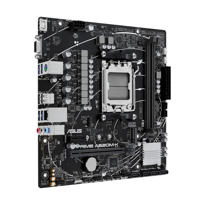 Tarjeta Madre AMD Asus PRIME A620M-K - AM5, AMD A620, 2x DDR5 7200Mhz(OC), Realtek 1Gb Ethernet, PCIe 4.0 x16, DisplayPort, HDMI, VGA, USB 3.2, M.2, SATA 6Gb/s. PRIME A620M-K