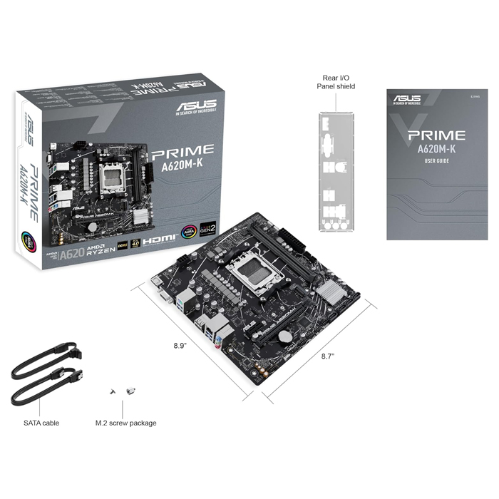 Tarjeta Madre AMD Asus PRIME A620M-K - AM5, AMD A620, 2x DDR5 7200Mhz(OC), Realtek 1Gb Ethernet, PCIe 4.0 x16, DisplayPort, HDMI, VGA, USB 3.2, M.2, SATA 6Gb/s. PRIME A620M-K