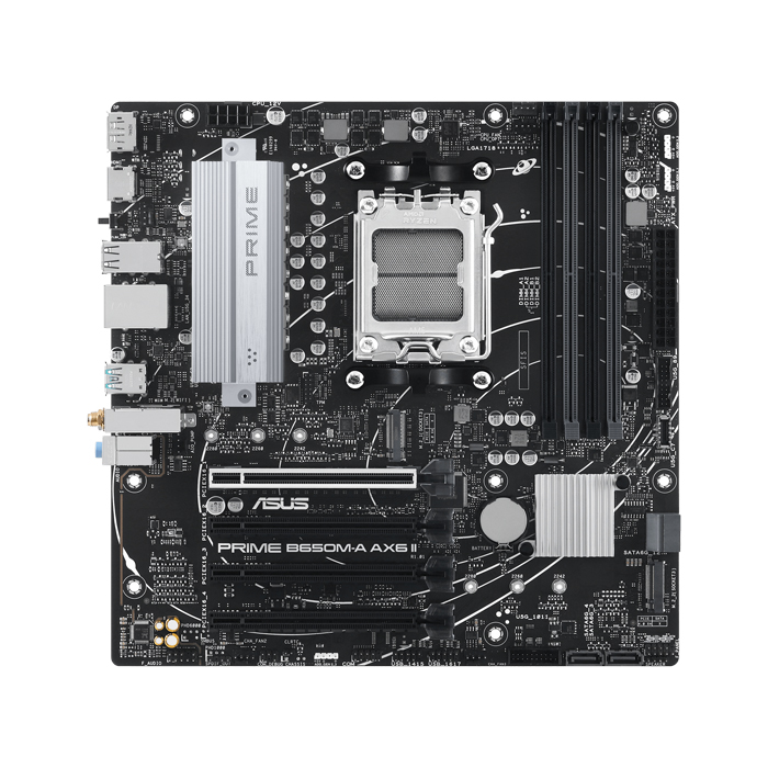 Tarjeta Madre AMD Asus PRIME B650M-A AX6 II - AM5, AMD B650, 4x DDR5 7600Mhz(OC), Realtek 1Gb Ethernet, Wi-Fi 6, Bluetooth® v5.3, PCIe 4.0 x16, DisplayPort, HDMI, VGA, USB 3.2, M.2, SATA 6Gb/s. PRIME B650M-A AX6 II