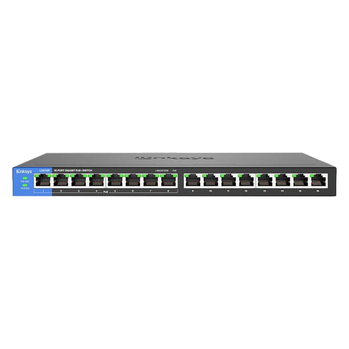 Conmutador (Switch) Linksys LGS116P Desktop Switch PoE - Gigabit de 16 puertos Ethernet a 10/100/1000Mbps, 8 puertos PoE+, QoS.