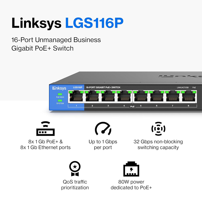 Conmutador (Switch) Linksys LGS116P Desktop Switch PoE - Gigabit de 16 puertos Ethernet a 10/100/1000Mbps, 8 puertos PoE+, QoS.