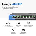 Conmutador (Switch) Linksys LGS116P Desktop Switch PoE - Gigabit de 16 puertos Ethernet a 10/100/1000Mbps, 8 puertos PoE+, QoS.