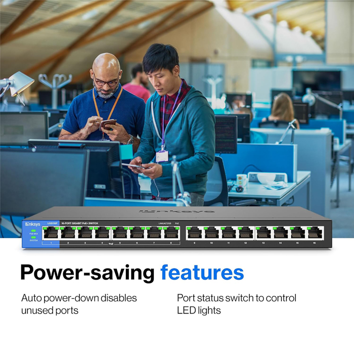 Conmutador (Switch) Linksys LGS116P Desktop Switch PoE - Gigabit de 16 puertos Ethernet a 10/100/1000Mbps, 8 puertos PoE+, QoS.