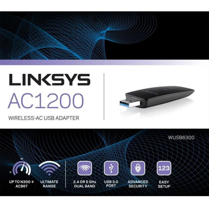 Adaptador Inalambrico Linksys WUSB6300 AC1200 - USB 3.0, (300Mbps+867Mbps), Doble Banda 2.4Ghz/5Ghz. WUSB6300 