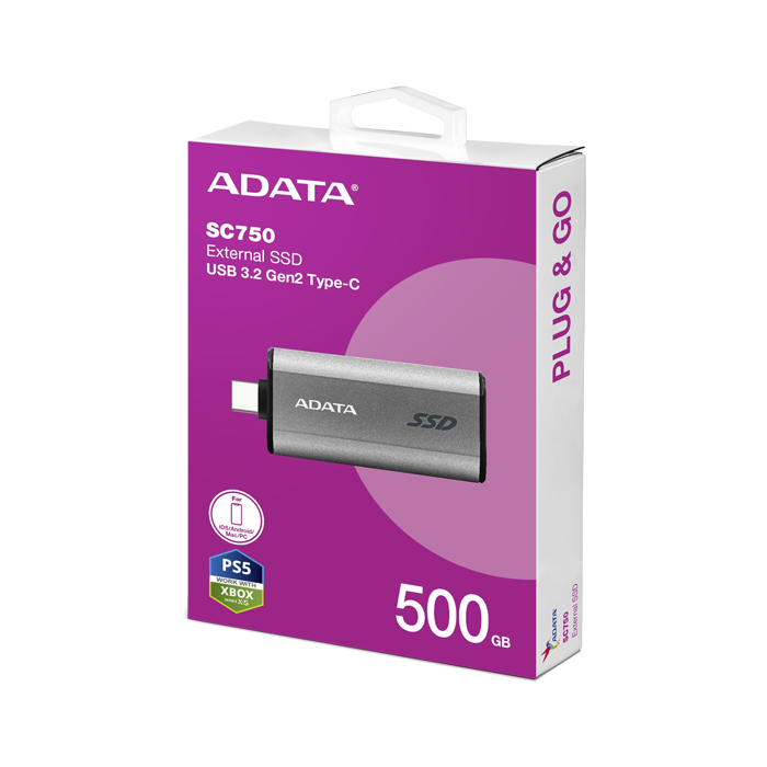Memoria Flash Adata SC750, Capacidad 500GB, USB-C 3.2, Lectura 1050 MB/s, Escritura 1000 MB/s, Color: Negro. SC750-500G-CCBK