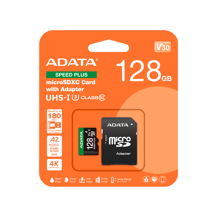 Tarjeta de Memoria Micro SD SDXC/UHS-I U3 - Capacidad  128GB Speed Plus, V30, clase 10, A2, hasta 180MB/s Lectura, 160MB/s escritura, adaptador SD. UD128GUI3V30A2SP-RA1