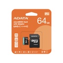 Tarjeta de Memoria Micro SD A-DATA microSDXC/SDHC A-DATA Premier Pro - Capacidad 64G, BUHS-I U3, clase 10(V30) hasta 100MB/s Lectura, 80MB/s escritura, adaptador SD. AUSDX64GUI3V30SA2-RA