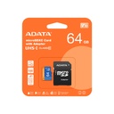 Tarjeta de Memoria microSDXC/SDHC A-DATA Premier - UHS-I Class10 (A1, V10) hasta 100MB/s Lectura, 25MB/s escritura, adaptador SD incluido, con capacidad de 64GB. AUSDX64GUICL10A1-RA1