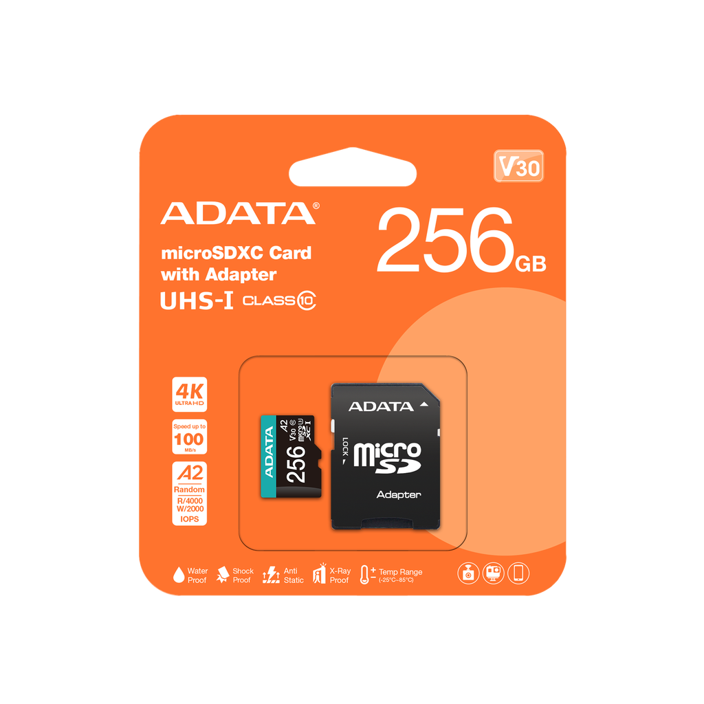 Tarjeta de Memoria Micro SD A-DATA microSDXC/SDHC Premier Pro - Capacidad de 256GBUHS-I, clase 10 ( A2, V30) hasta 100MB/s Lectura, 85MB/s escritura, adaptador SD. AUSDX256GUI3V30SA2-RA1