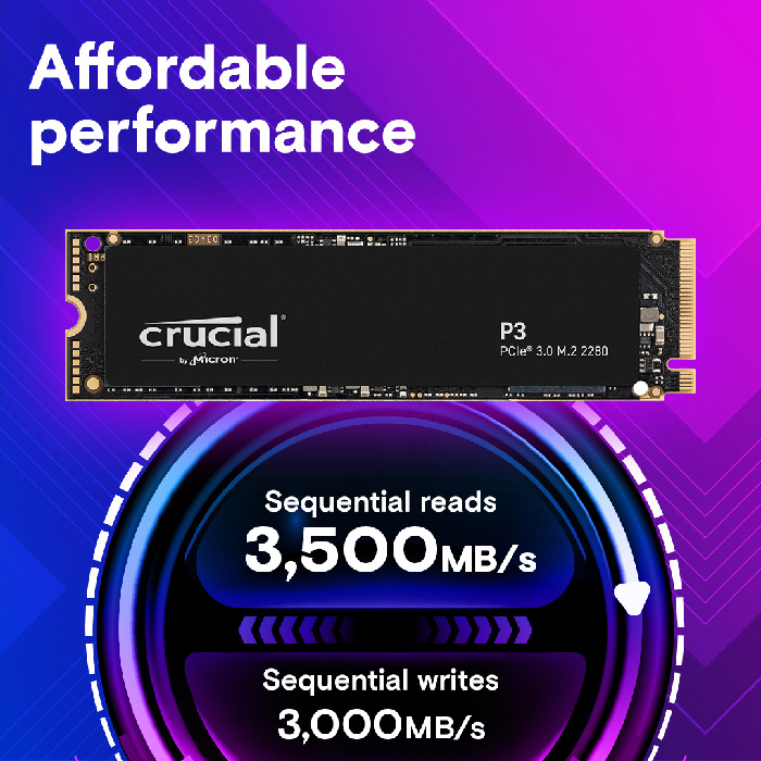 Unidad de Estado Sólido (SSD) Crucial P3 Plus PCIe NVMe 500GB - 4700MB/s de Lectura, 1900MB/s de Escritura, PCIe Gen4, M.2 (2280) CT500P3PSSD8