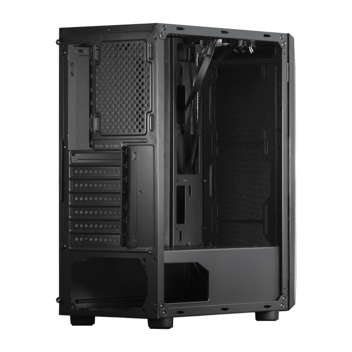 Caja HUNTER - Para ATX/ MICRO ATX/ MINI ITX, conectores 1x USB 3.0, conectores 2x USB 2.0, 3x abanico de 120mm ARGB Frontal (No incluido), 1x abanico de 120mm atrás, color negro. HUNTER-V