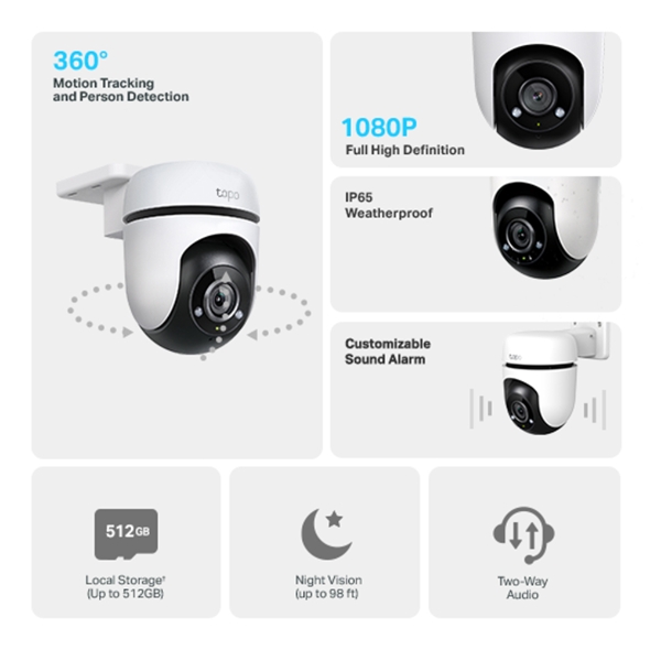Cámara para Exteriores Tapo C500 - Resolucion 1080p(15fps), WiFi 2.4GHz, MicroSD, Detección de Movimiento, Visión Nocturna(850 nm IR LED hasta 30m), Audio Bidireccional, Compatible con Amazon Alexa y Google Assistant. Tapo C500