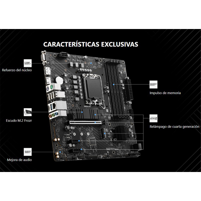 Tarjeta madre MSI PRO B760M-P DDR4 - LGA1700, Intel B760, 4x DDR4 4800Mhz(OC), PCI-Express 4.0, DisplayPort, HDMI, VGA, 4X USB 2.0, 1X USB 3.2, M.2, LAN 2.5G