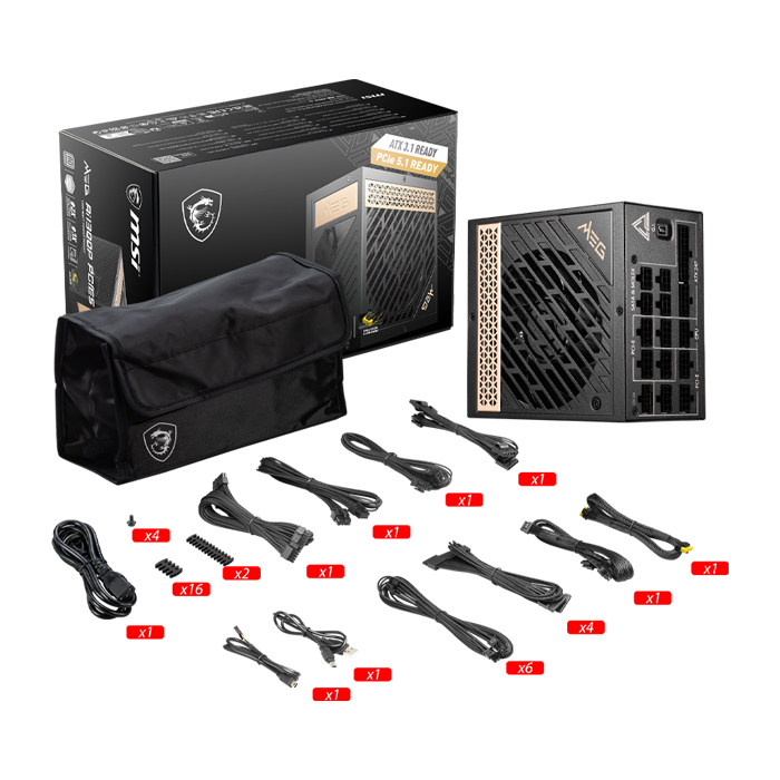 Fuente de poder MSI MAG - Ai1300W, 24 Pines ATX, 6x Conector 6+2 PCI-E 5.0 y 12x SATA, Abanico 135mm, 80 Plus Gold. MEG Ai1300P PCIE5