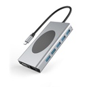 Hub VCOM CU467 - USB 3.1 Tipo C macho a 5 X USB 3.0 hembra, carga inalambrica 10W, 1 X HDMI, 1 x VGA, 1 X RJ45, 1 X USB Tipo-C hembra, jack 3.5mm, ranura para micro SD + SD, color gris.