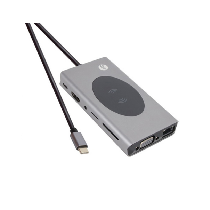 Hub VCOM CU467 - USB 3.1 Tipo C macho a 5 X USB 3.0 hembra, carga inalambrica 10W, 1 X HDMI, 1 x VGA, 1 X RJ45, 1 X USB Tipo-C hembra, jack 3.5mm, ranura para micro SD + SD, color gris.