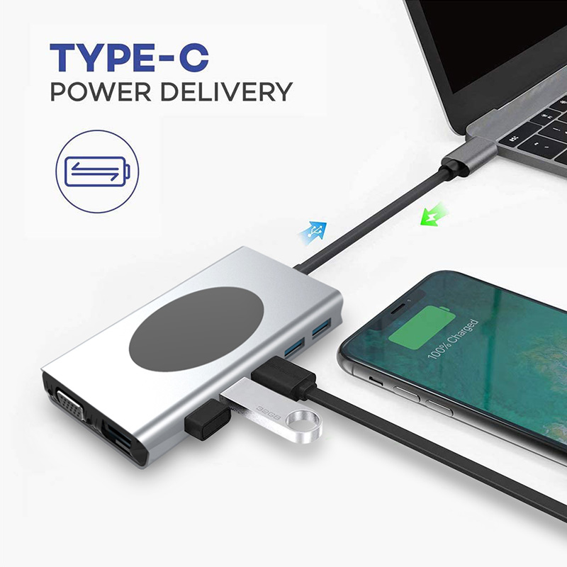 Hub VCOM CU467 - USB 3.1 Tipo C macho a 5 X USB 3.0 hembra, carga inalambrica 10W, 1 X HDMI, 1 x VGA, 1 X RJ45, 1 X USB Tipo-C hembra, jack 3.5mm, ranura para micro SD + SD, color gris.