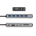 Hub VCOM CU467 - USB 3.1 Tipo C macho a 5 X USB 3.0 hembra, carga inalambrica 10W, 1 X HDMI, 1 x VGA, 1 X RJ45, 1 X USB Tipo-C hembra, jack 3.5mm, ranura para micro SD + SD, color gris.