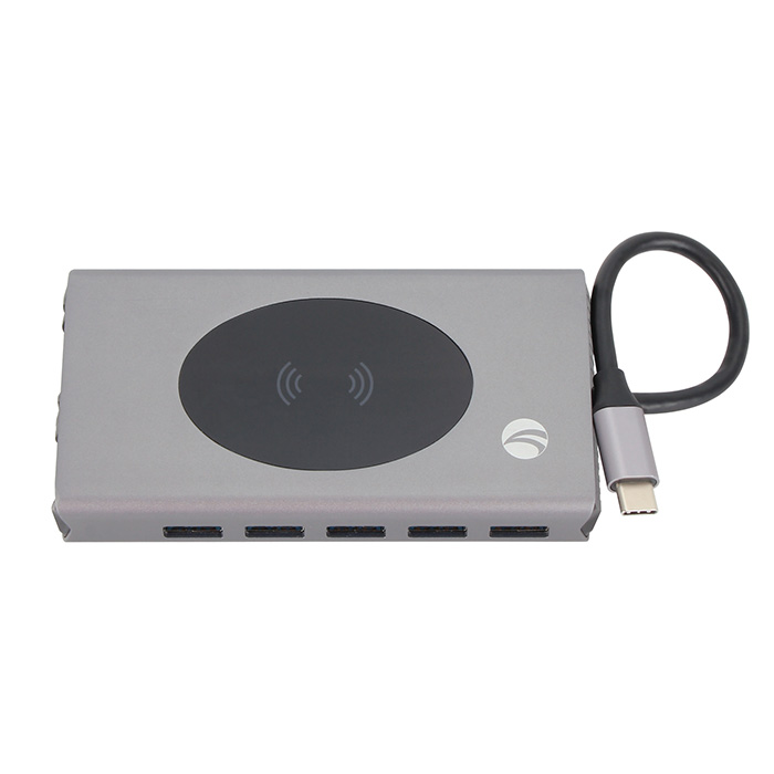Hub VCOM CU467 - USB 3.1 Tipo C macho a 5 X USB 3.0 hembra, carga inalambrica 10W, 1 X HDMI, 1 x VGA, 1 X RJ45, 1 X USB Tipo-C hembra, jack 3.5mm, ranura para micro SD + SD, color gris.