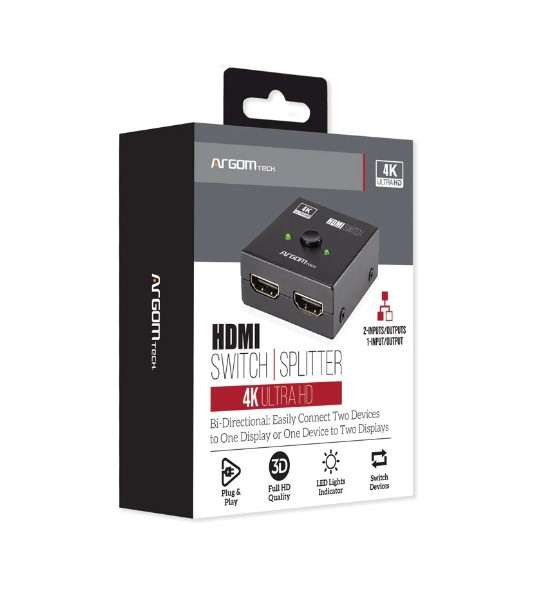 Switch - Spliter de HDMI Argom, ARG-AV-5120 - 2 en 1 Bidireccional, 2 entradas HDMI a 1 salida HDMI o 1 entrada HDMI a 2 salidas HDMI, Resolución máxima: 3840x2160p a 60 Hz.