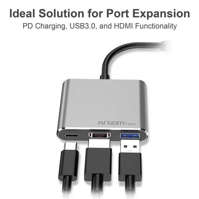 Adaptador Argom, ARG-UB-0181 Tipo-C 3 en 1, 1 salida HDMI 4K, un puerto USB3.0 y una ranura de entrada PD Tipo-C, resolucion 4K(3840 x 2160p a 30 Hz).