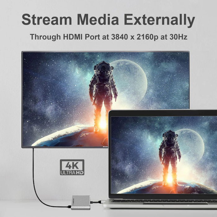 Adaptador Argom, ARG-UB-0181 Tipo-C 3 en 1, 1 salida HDMI 4K, un puerto USB3.0 y una ranura de entrada PD Tipo-C, resolucion 4K(3840 x 2160p a 30 Hz).
