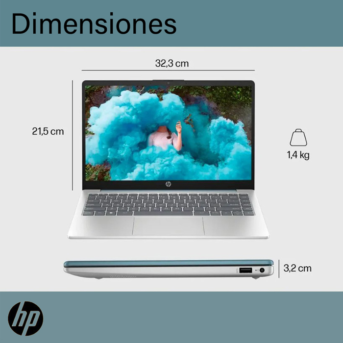 Laptop HP 14-em0017la - 14" FHD, AMD Ryzen 5 7520U, 8GB LPDDR5, 512GB NVMe M.2 SSD, Webcam, Wifi, Bt, Windows 11 Home Español, Plateado y Azul claro. (Incluye Mochila). A1UC5LA#ABM