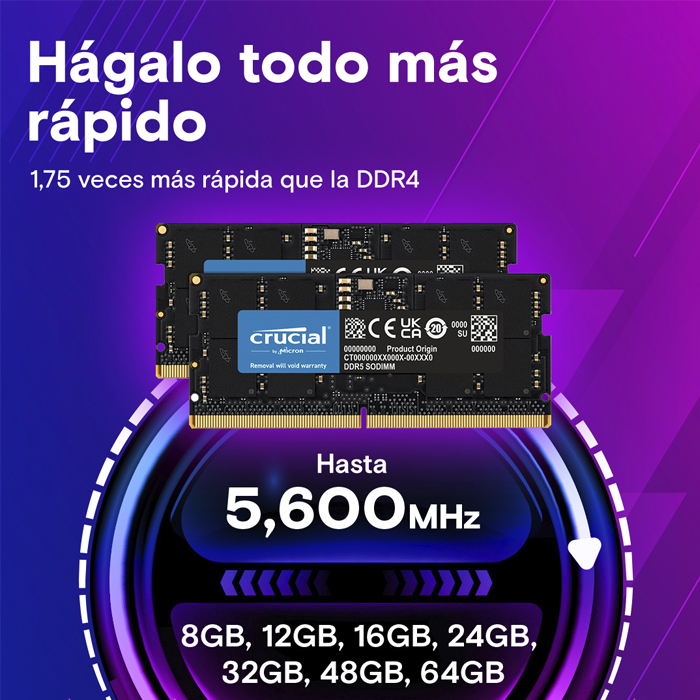 Memoria Ram SODIMM Crucial - Capacidad de 16GB DDR5, 5600MT/s, ECC, CL46, 1.1V, color negro CT16G56C46S5