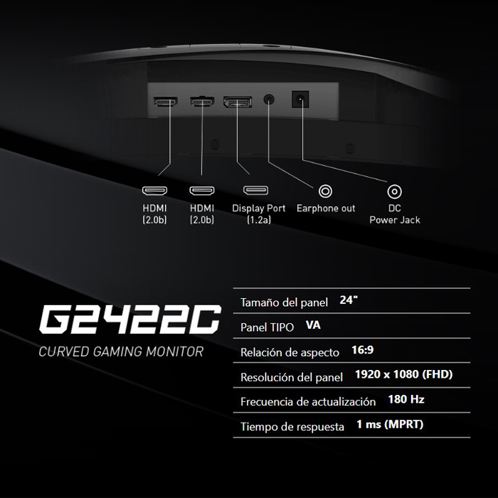 Monitor Curvo Gaming MSI G2422C - 23.6", 1920x1080, 180Hz, 16:9, 1ms, 250cd/m2, 100000000:1, Display Port, HDMI