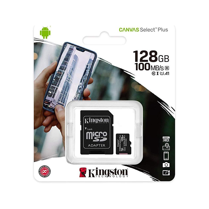 Tarjeta de memoria MicroSD Kingston Select Plus - UHS-I clase 10, hasta 100MB/s Lectura, 10MB/s escritura, con capacidad de 128GB. SDCS2/128GB