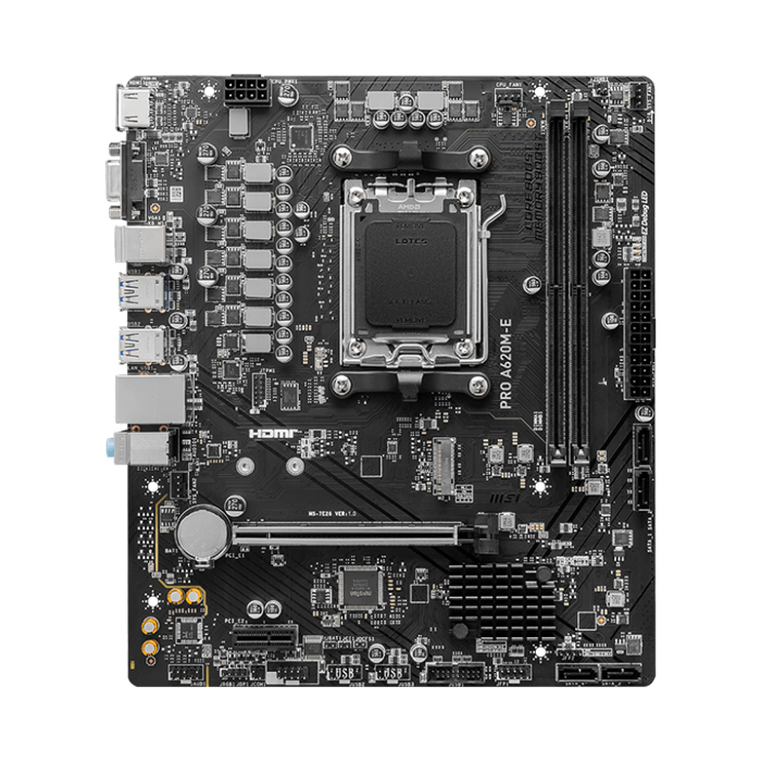 Tarjeta Madre AMD MSI PRO A620M-E - AM5, AMD A620, 2x DDR5 6600Mhz(OC), PCIe 4.0 x16, HDMI, VGA, USB 2.0, M.2, SATA 6Gb/s. PRO A620M-E