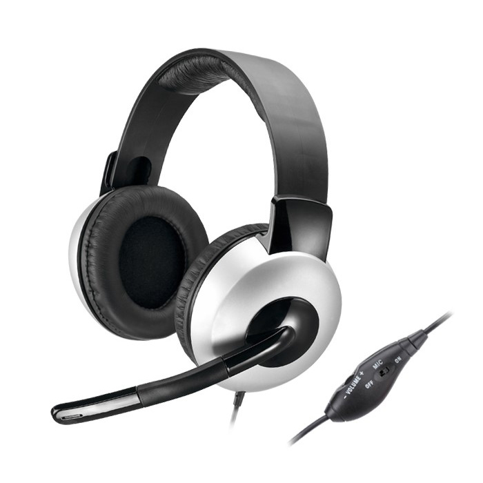 Auricular Genius HS-05A - Audífono con micrófono deluxe, flexible, controles en línea, cable enrollable, color negro/gris.