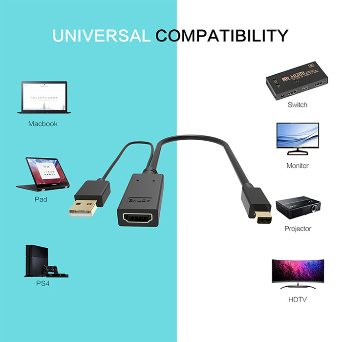 Adaptador HDMI VCOM CG497 - HDMI Tipo-A hembra + USB a Mini DisplayPort macho, 3840x2160, 60Hz, color negro. CG497-0.15