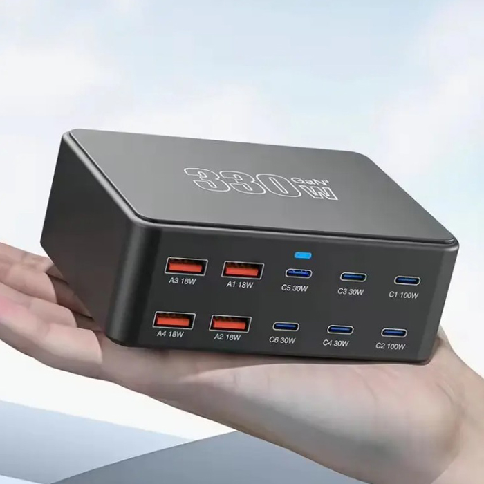 Cargador de pared O.E.M. - Multi cargador GaN 10 en 1 de 330 W, 4 x USB, 6 Tipo-C, Conexión 100V-240V 110v. TH330W