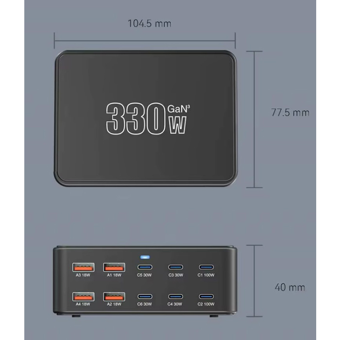 Cargador de pared O.E.M. - Multi cargador GaN 10 en 1 de 330 W, 4 x USB, 6 Tipo-C, Conexión 100V-240V 110v. TH330W