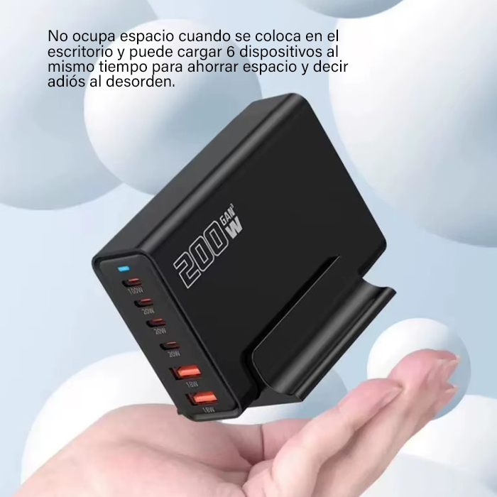 Cargador de pared O.E.M. - Multi cargador GaN 200 Watts, 2 x USB, 4 Tipo-C, Conexión 100V-240V 110v. YFY-1Q37
