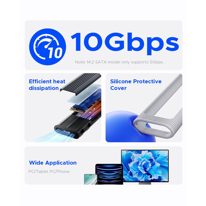 Caja Portable ORICO SSD - SSD M.2 NVMe, 10 Gbps con funda protectora de siliconaUSB Tipo C tamaño 2230/2242/2260/2280(hasta 2TB) (M.2 SATA) M2PV-C3 (copia)