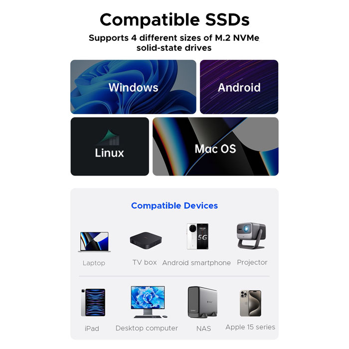 Caja Portable ORICO SSD - SSD M.2 NVMe, 10 Gbps con funda protectora de siliconaUSB Tipo C tamaño 2230/2242/2260/2280(hasta 2TB) (M.2 SATA) M2PV-C3 (copia)