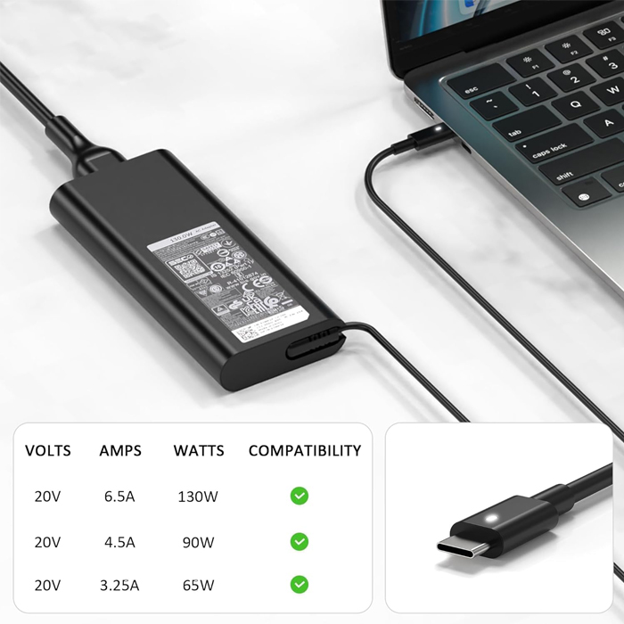Adaptador para Laptop universal ‎ - USB tipo C de 130W, 20V, 3.25A, Lenovo, HP, Dell, Asus, Samsung, Acer. DE130W