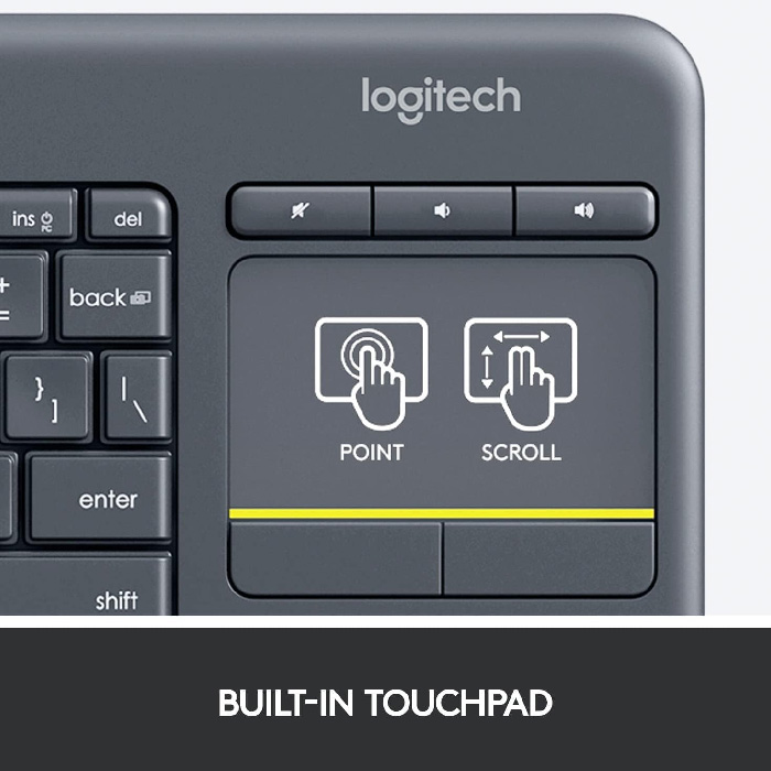Teclado Logitech K400 PlusTV - Teclado inalámbrico con touchpad multitoque, Receptor Unifying USB hasta 10m, Español 920-007123