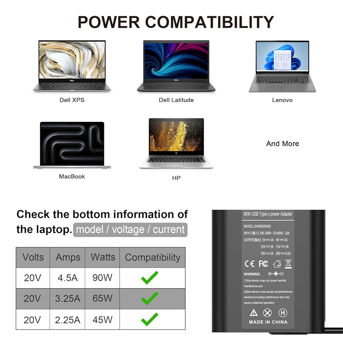 Adaptador para Laptop universal ‎- USB tipo C de 90W, 20V, 3.25A, Lenovo, HP, Dell, Asus, Samsung, Acer (Compatible con carga USB C de 100 W, 90 W, 65 W). DE130W (copia)