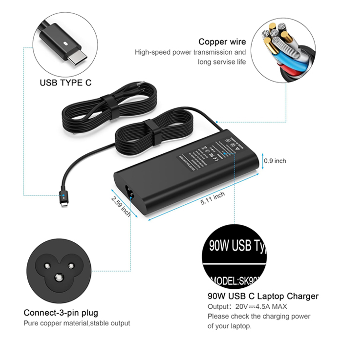 Adaptador para Laptop universal ‎- USB tipo C de 90W, 20V, 3.25A, Lenovo, HP, Dell, Asus, Samsung, Acer (Compatible con carga USB C de 100 W, 90 W, 65 W). DE130W (copia)