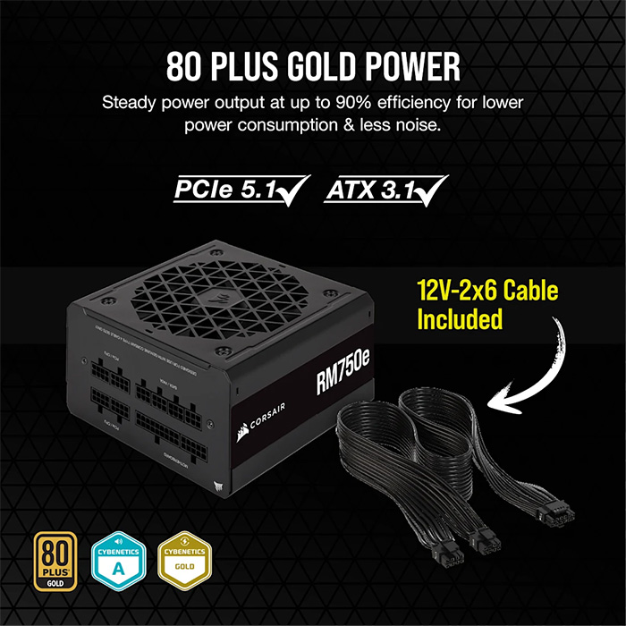 Fuente de Poder Corsair RM750e - Potencia de 750W ATX, conexiones 3 x PCI-Express, 4x SATA, certificado 80 PLUS Gold. CP-9020262-NA