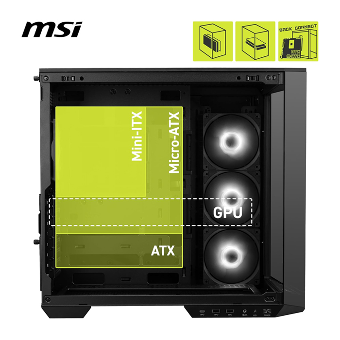 Caja Micro - ATX Tower MAG PANO - ARGB, 1 x USB 3.2 Gen 1 Tipo-A, 1 x USB 3.2 Gen 2x2 Tipo-C, 1 x Salida de audio/Entrada de micrófono, 1 x Botón de interruptor LED, 1 x Botón de encendido, Color Negro. MAG PANO 100R PZ