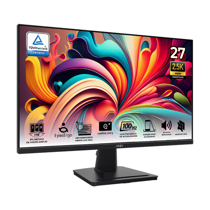 Monitor Flat PRO MSI - 27", 2560x1440 (WQHD), 100Hz, 1ms, 16:9, 1300:1, 2x HDMI™ 2.0b, 1x DisplayPort 1.2a, Bocina, Color: Negro. PRO MP275Q