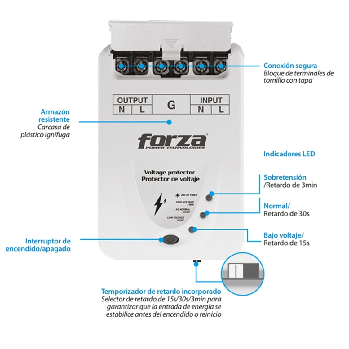 Protector de Voltaje Forza - De 1 toma corriente de 220V, 880J/6600W, 30amp, Protección de Sobrecargas y Caídas.  FVP-6630B