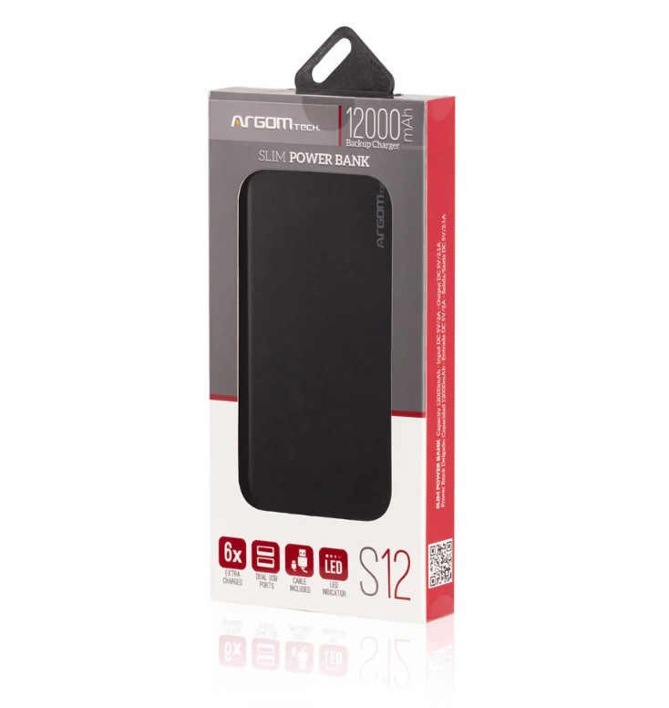 Cargador de Respaldo Portátil Argom S12 - 12000mAh, Recarga Celulares, Tabletas, Mp3 y Otros, Indicadores Led, Negro. ARG-PB-1150BK.