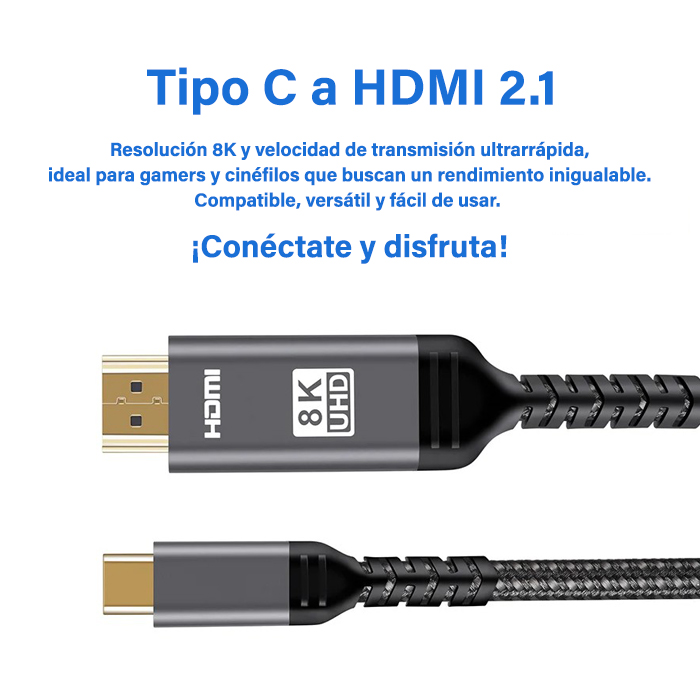 Cable Audio/Video Tipo C a HDMI 2.1 - 8K de alta definición, 48 Gbps (8K a 60 Hz, 4K a 120 Hz) forrado en Nylon, Color: negro, 6 pies. FY-H-4004-2M
